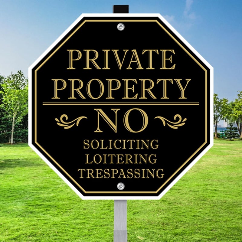 MongFun No Trespassing Signs Private Property, No Soliciting Sign for House, 10 x 10 Inches No Loitering Aluminum Metal Signs with 28 Inches Long Stakes for Outdoor Yard (Black/Gold, 10 x 10 inches) - Image 1